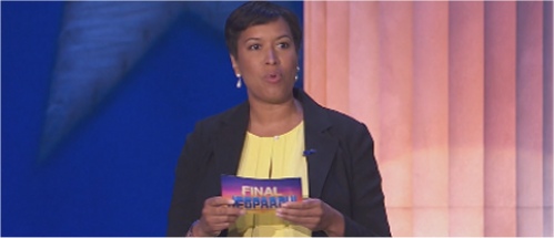 Washington D.C. Mayor Muriel Bowser reads the Final Jeopardy clue in U.S. History on 5-20-2016